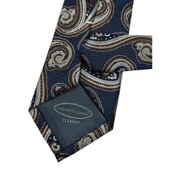 PRONTO UOMO Silk Necktie LUXURY Tie Changing Blue Gray Brown Paisley W:3" EUC - Picture 5 of 5